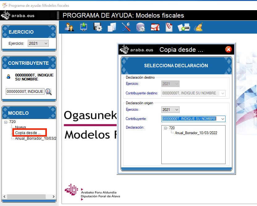 Copiar la declaración de Modelo 720 del declarante 0000000T a nuestro declarante con nuestro DNI (si ya lo teníamos creado)