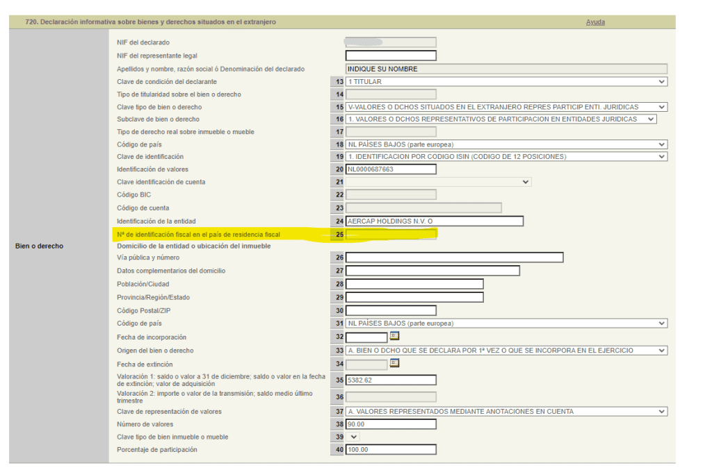 Lo que ocurre, que si vamos a editar dicho campo 25 (Nº de identificación fiscal), aparece deshabilitado: